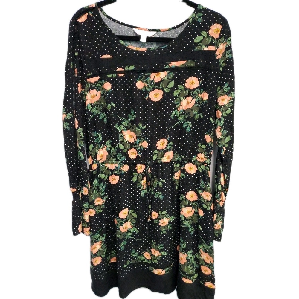 LC Lauren Conrad Black Floral short dress drawstring waist pockets LS Sz Large